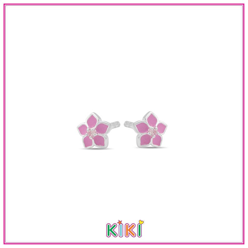 Zilveren kinderoorbellen klein roze bloemetje - Kiki - Staartjes en Strikjes