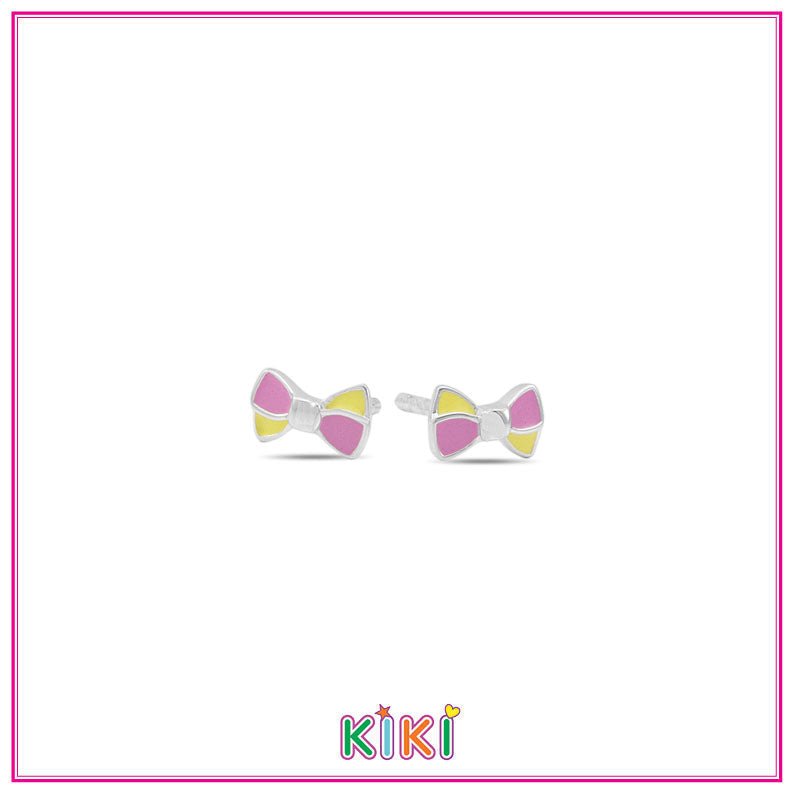 Zilveren kinderoorbellen kleine strikjes roze/geel - Kiki - Staartjes en Strikjes