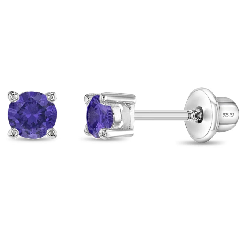 Zilveren kinderoorbellen knopje 3 mm. paarse zirconia | schroefsluiting - Staartjes en Strikjes