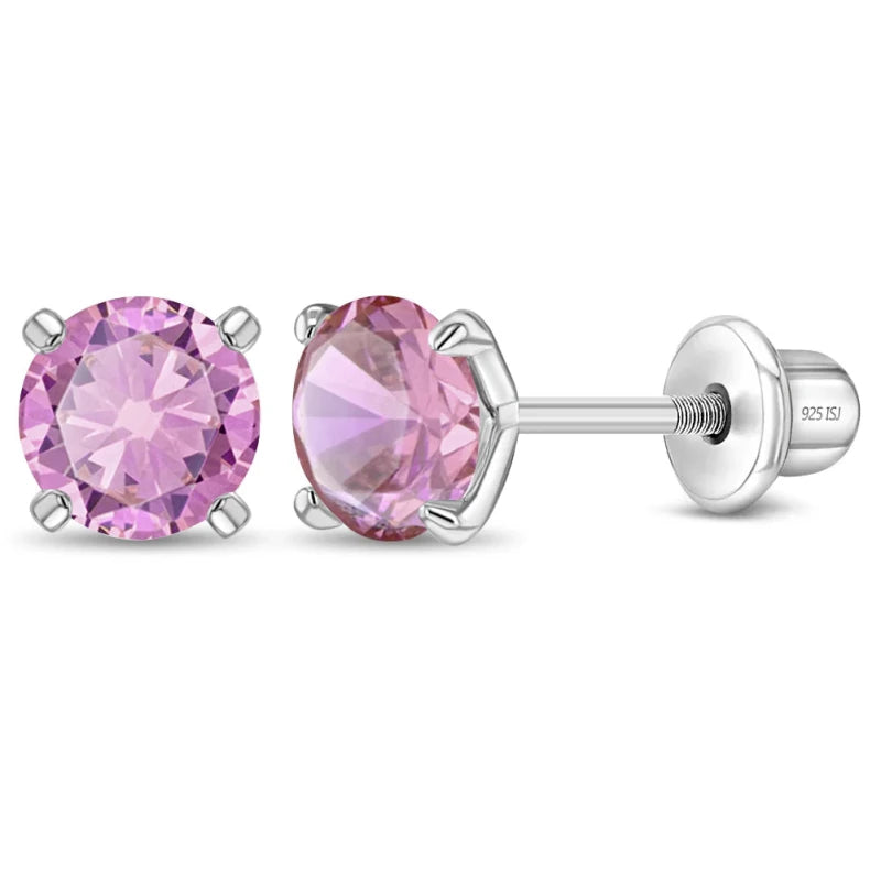 Zilveren kinderoorbellen knopje 4 mm. lichtroze zirconia | schroefsluiting - Staartjes en Strikjes