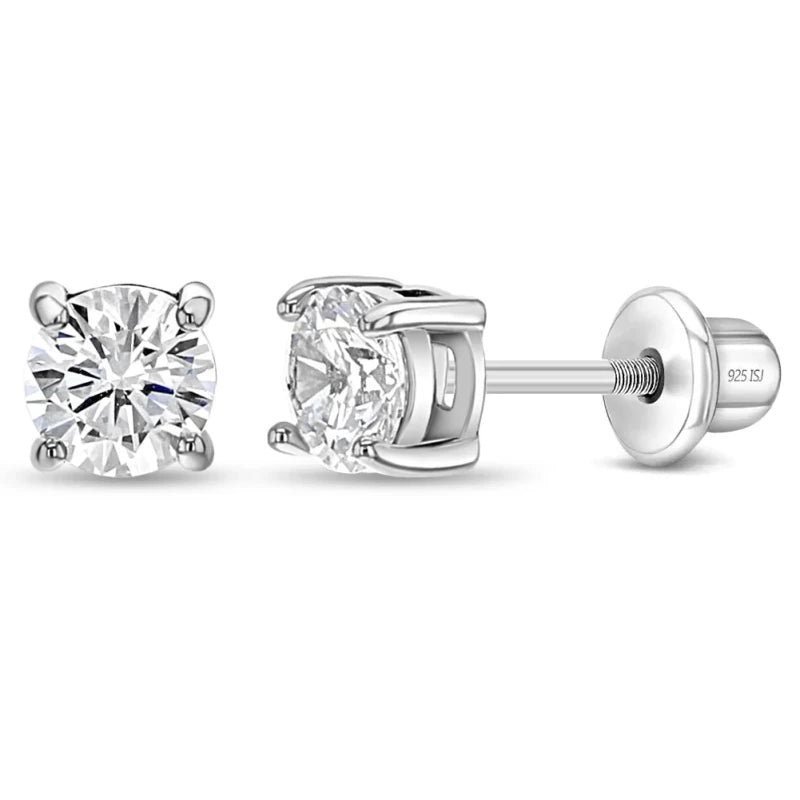 Zilveren kinderoorbellen knopje 4 mm. met zirconia | schroefsluiting - Staartjes en Strikjes