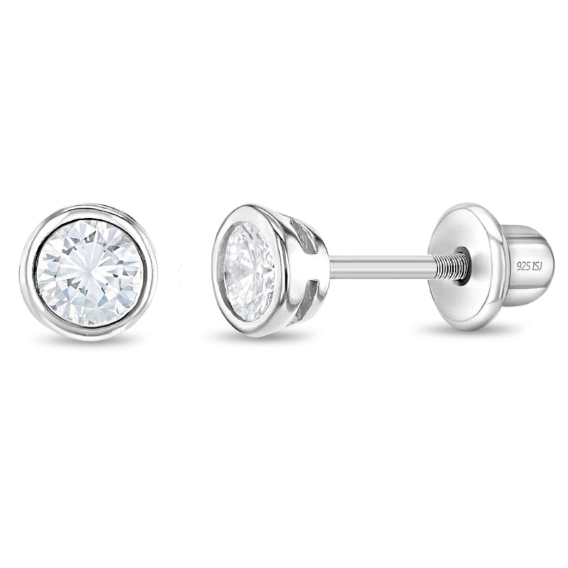 Zilveren kinderoorbellen knopje 4 mm. zilver met zirconia | schroefsluiting - Staartjes en Strikjes