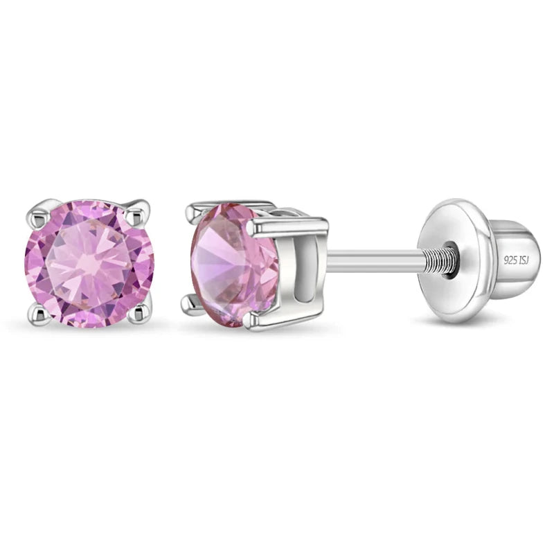Zilveren kinderoorbellen knopje lichtroze zirconia 4 mm | schroefsluiting - Staartjes en Strikjes
