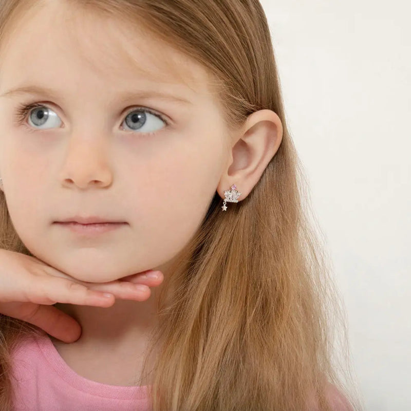 Zilveren kinderoorbellen kroontje met ster | schroefsluiting - Staartjes en Strikjes