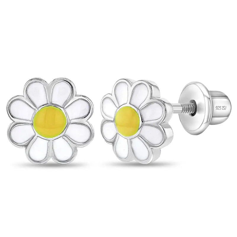 Zilveren kinderoorbellen margrietjes | schroefsluiting - Staartjes en Strikjes