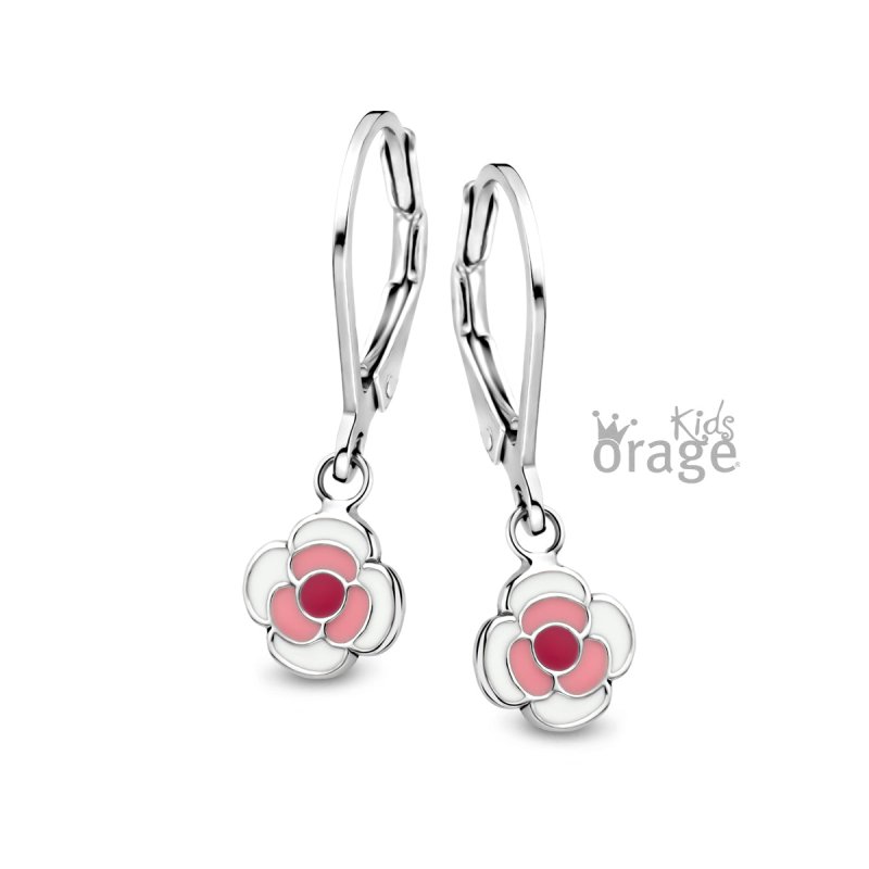 Zilveren kinderoorbellen met hangertjes bloemetje roze Orage Kids - Staartjes en Strikjes