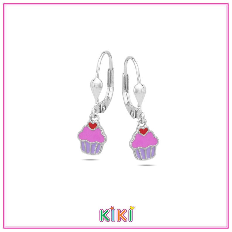 Zilveren kinderoorbellen met hangertjes cupcake paars/roze | Kiki - Staartjes en Strikjes