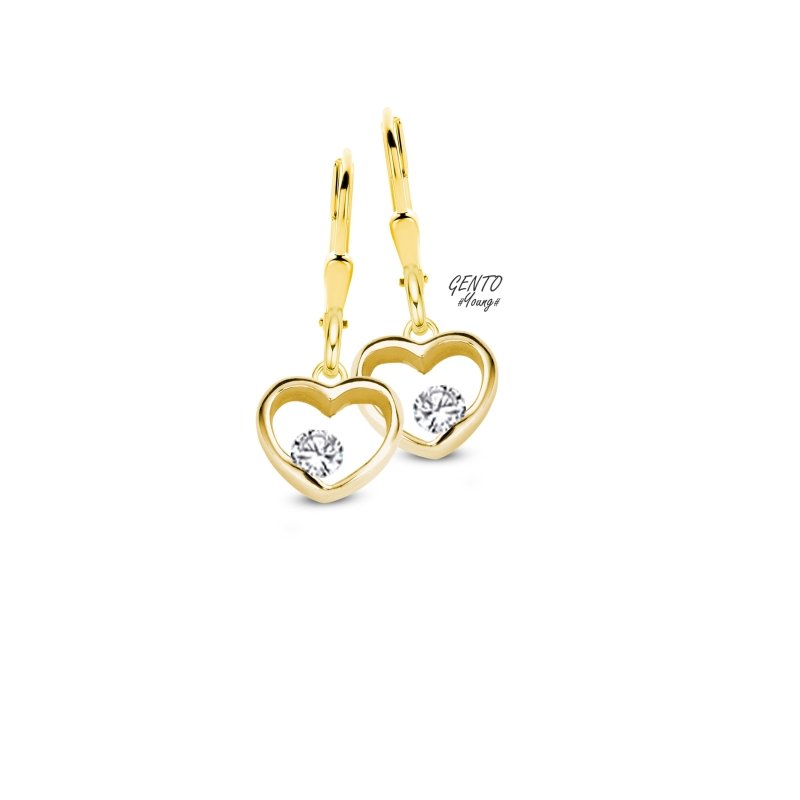 Zilveren kinderoorbellen met hangertjes goldplated hartjes zirconia Gento for kids - Staartjes en Strikjes