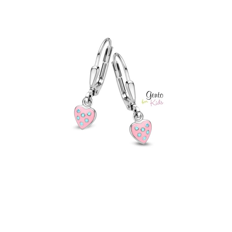 Zilveren kinderoorbellen met hangertjes hartjes roze/blauw Gento for kids - Staartjes en Strikjes
