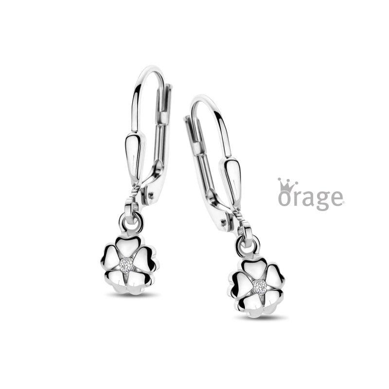 Zilveren kinderoorbellen met hangertjes klavertjes zirconia Orage Kids - Staartjes en Strikjes