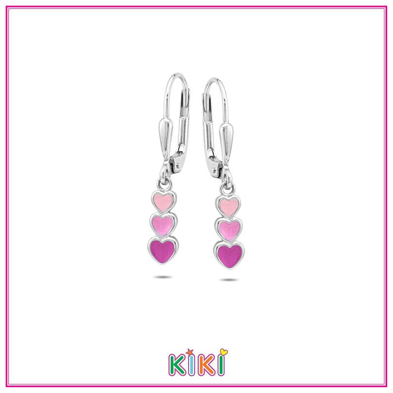 Zilveren kinderoorbellen met hangertjes roze hartjes | Kiki - Staartjes en Strikjes