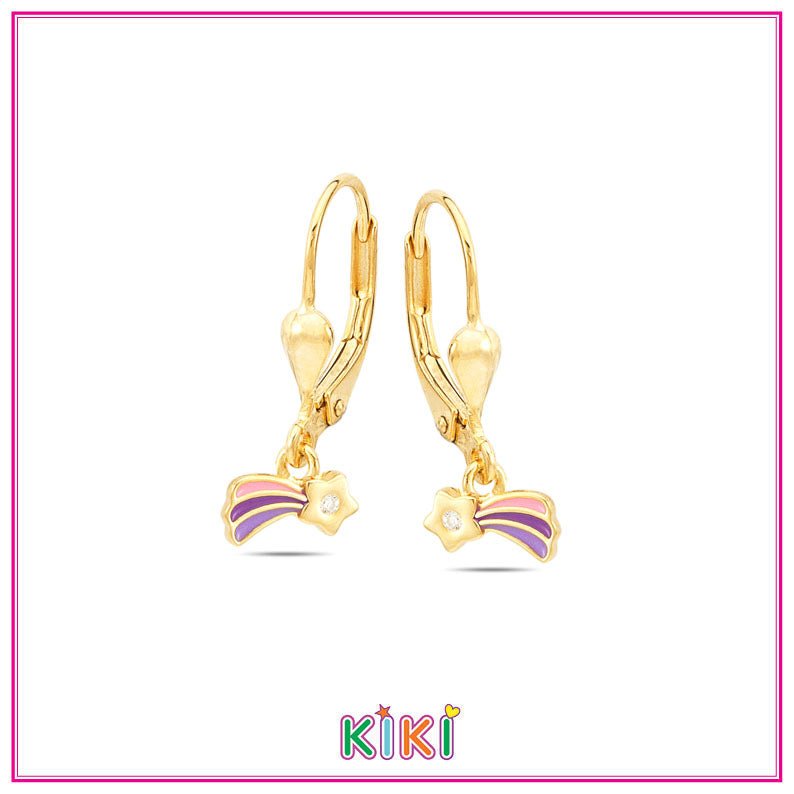 Zilveren kinderoorbellen met hangertjes sterretje paars/roze - Kiki - Staartjes en Strikjes