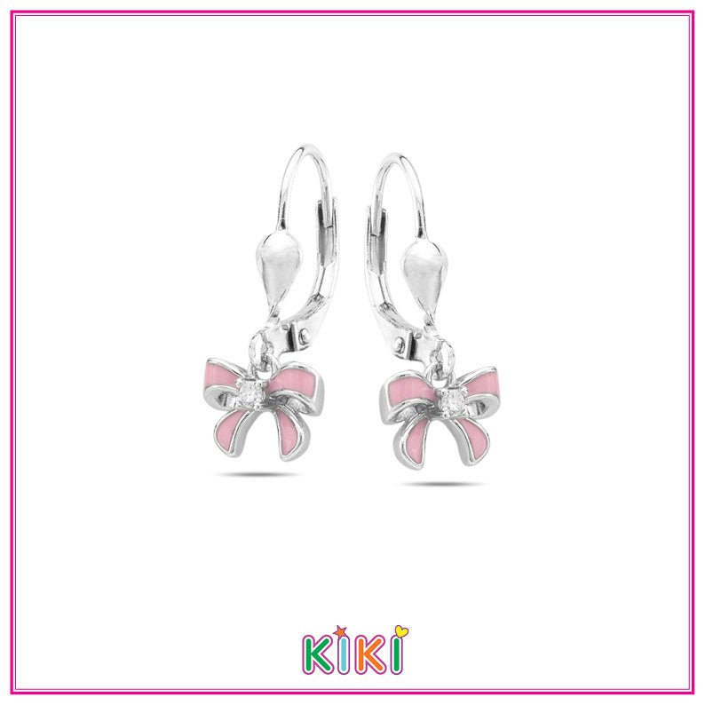 Zilveren kinderoorbellen met hangertjes strikjes roze | Kiki - Staartjes en Strikjes