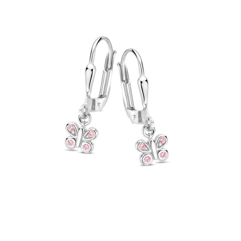 Zilveren kinderoorbellen met hangertjes vlinder roze zirconia Naiomy princess - Staartjes en Strikjes