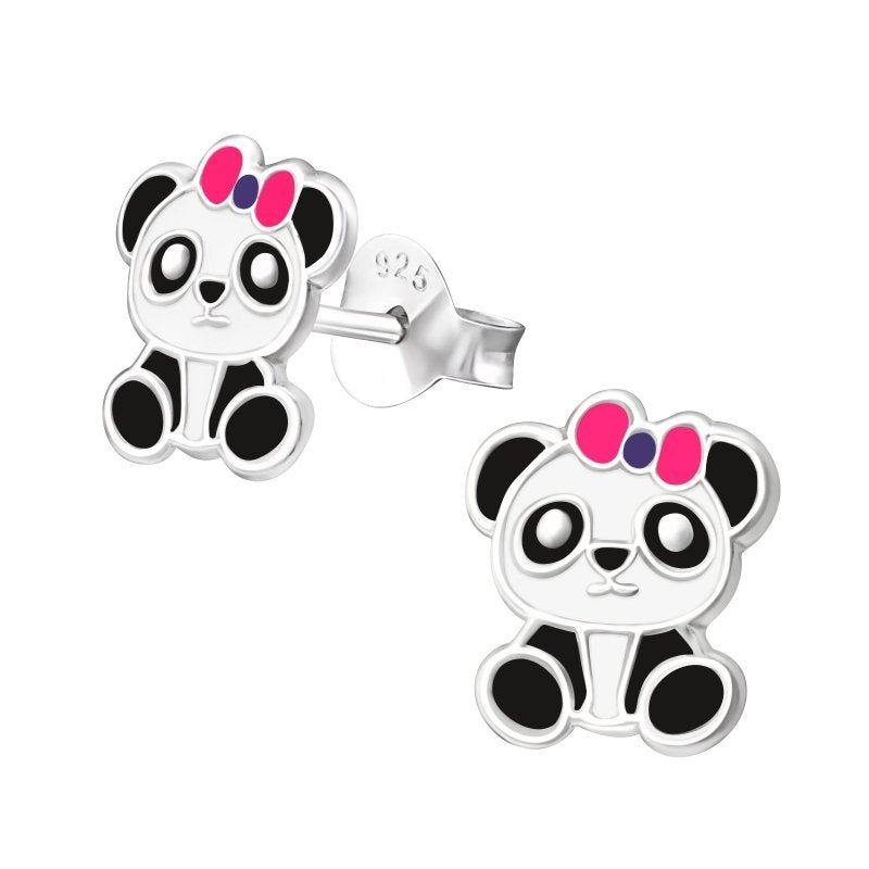 Zilveren kinderoorbellen panda met roze strikje - Staartjes en Strikjes