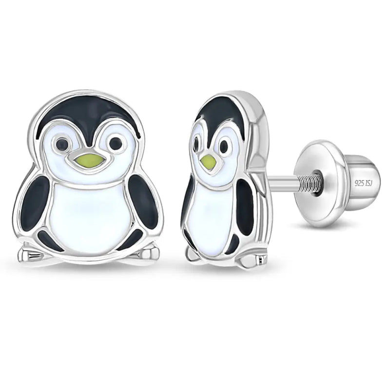 Zilveren kinderoorbellen pinguin | schroefsluiting - Staartjes en Strikjes