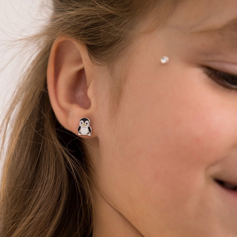Zilveren kinderoorbellen pinguin | schroefsluiting - Staartjes en Strikjes