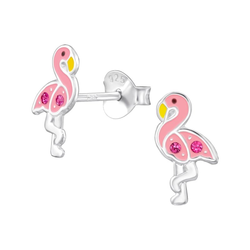 Zilveren kinderoorbellen roze flamingo - Staartjes en Strikjes