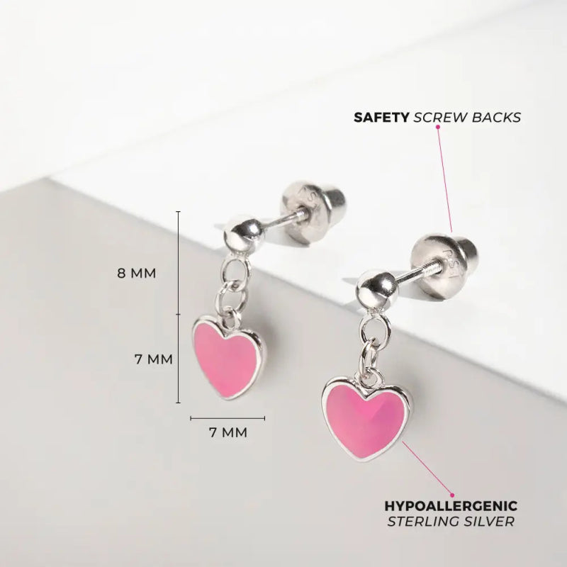 Zilveren kinderoorbellen roze hartjes hangertjes | schroefsluiting - Staartjes en Strikjes
