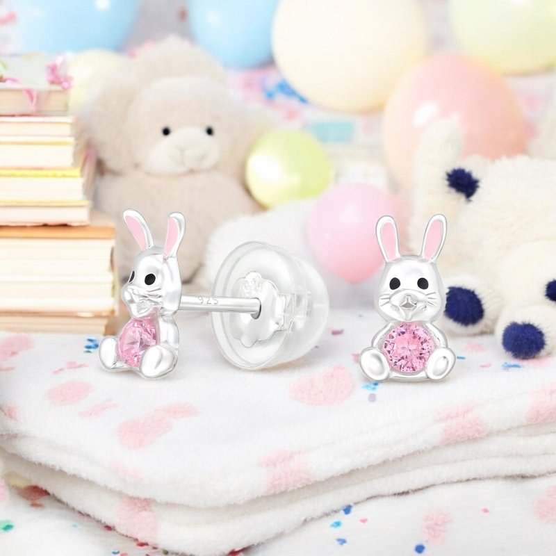 Zilveren kinderoorbellen roze konijntjes - Staartjes en Strikjes