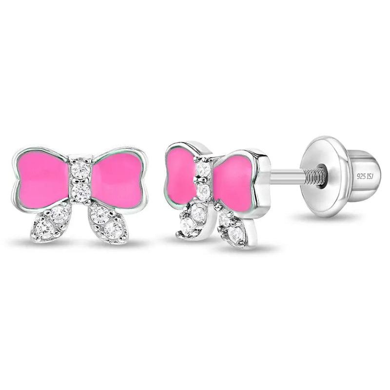 Zilveren kinderoorbellen roze strikje met zirconia | schroefsluiting - Staartjes en Strikjes