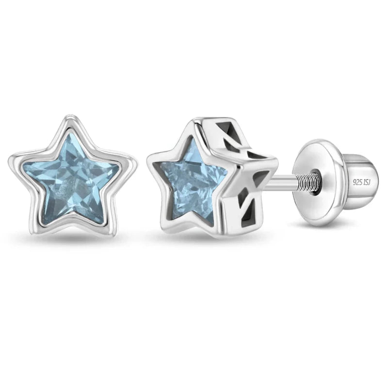 Zilveren kinderoorbellen sterretje aqua zirconia | schroefsluiting - Staartjes en Strikjes