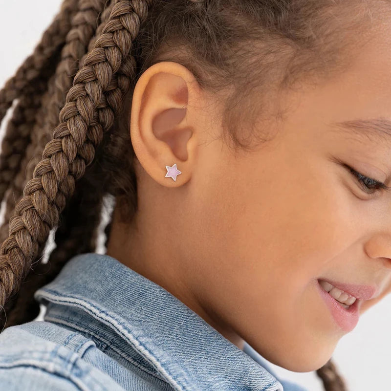 Zilveren kinderoorbellen sterretje opaal look roze | schroefsluiting - Staartjes en Strikjes