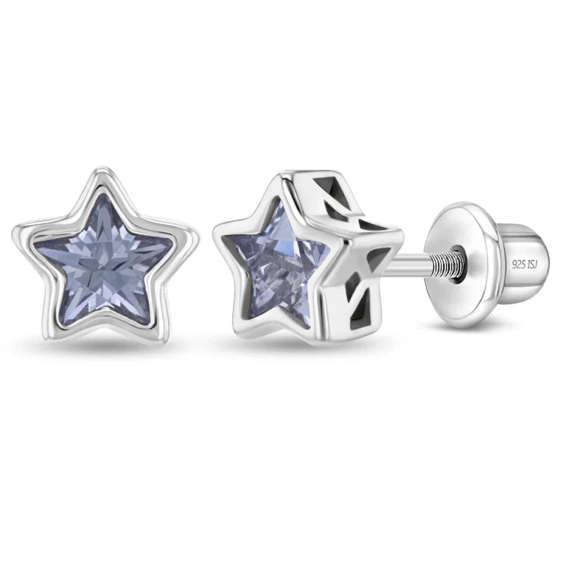 Zilveren kinderoorbellen sterretje zacht paars zirconia | schroefsluiting - Staartjes en Strikjes