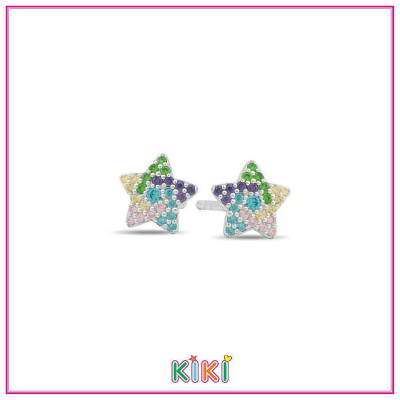 Zilveren kinderoorbellen sterretjes gekleurde zirconia - Kiki - Staartjes en Strikjes