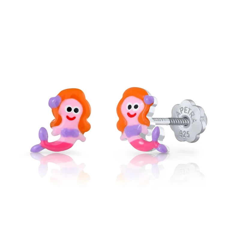 Zilveren kinderoorbellen zeemeermin paars |schroefsluiting Lapetra - Staartjes en Strikjes