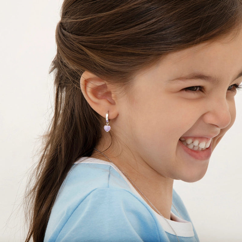 Zilveren oorbellen creolen/oorringen hartjes paarse zirconia - Staartjes en Strikjes