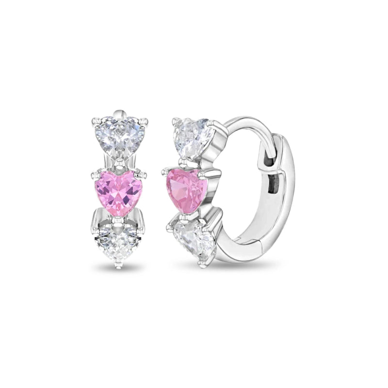 Zilveren oorbellen creolen/oorringen klein roze/witte zirconia hartjes - Staartjes en Strikjes