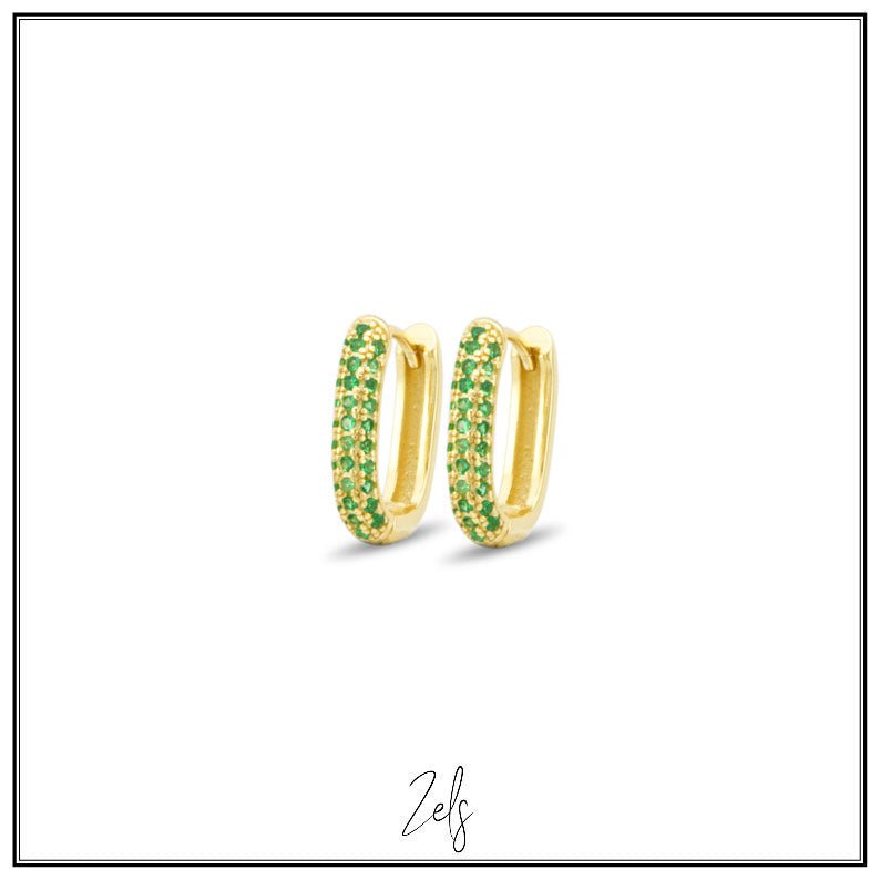 Zilveren oorbellen creolen/oorringetjes goudkleurig ovaal met groene zirconia | Zels - Staartjes en Strikjes