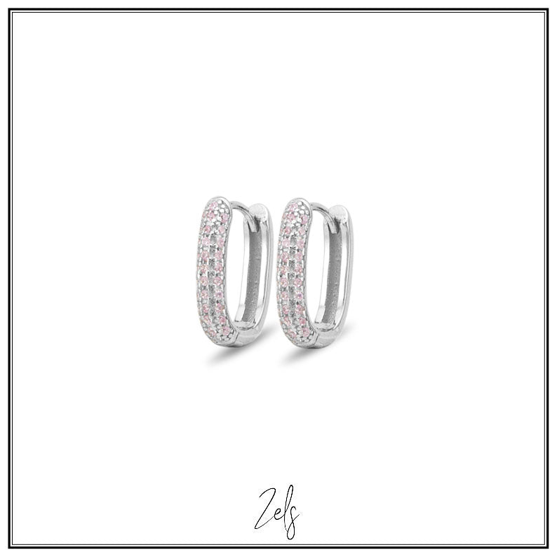 Zilveren oorbellen creolen/oorringetjes ovaal met zacht roze zirconia | Zels - Staartjes en Strikjes