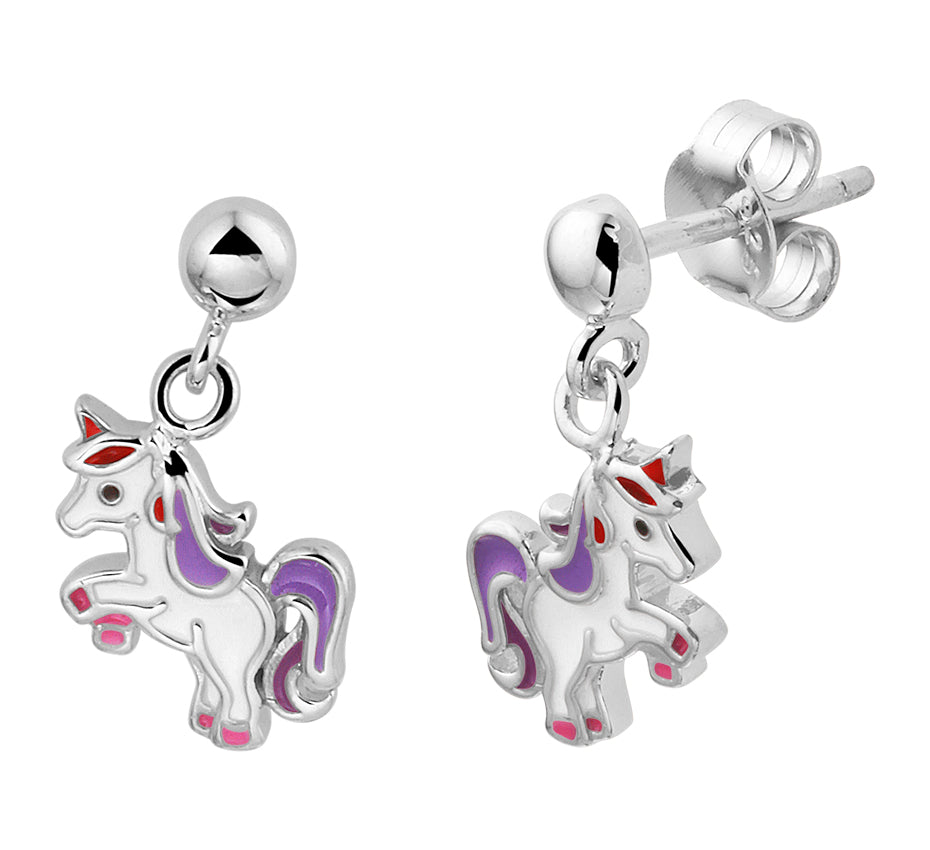 Zilveren kinderoorbellen eenhoorn unicorn hangend