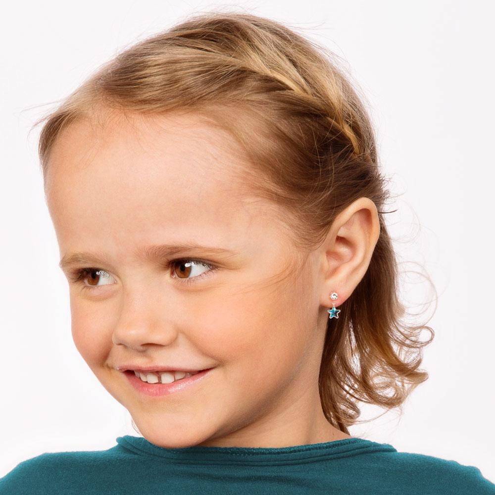 Oorbellen Blomdahl huidvriendelijk sterretje hangend Swarvoski crystal aqua blauw - Staartjes en Strikjes