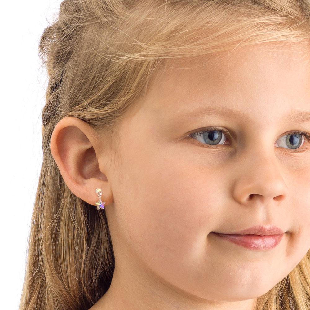 Oorbellen Blomdahl huidvriendelijk sterretje hangend Swarvoski crystal rainbow - Staartjes en Strikjes