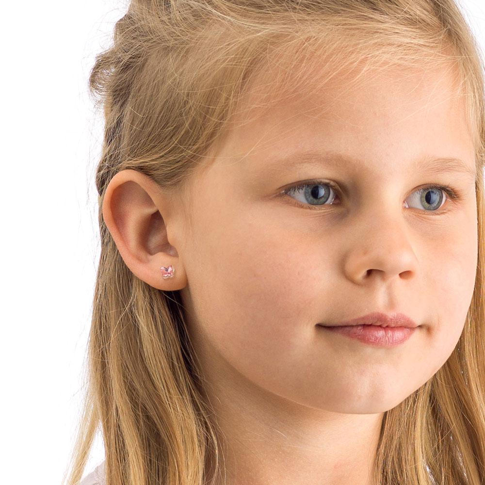 Oorbellen Blomdahl huidvriendelijk vlindertje Swarovski crystal licht roze - Staartjes en Strikjes