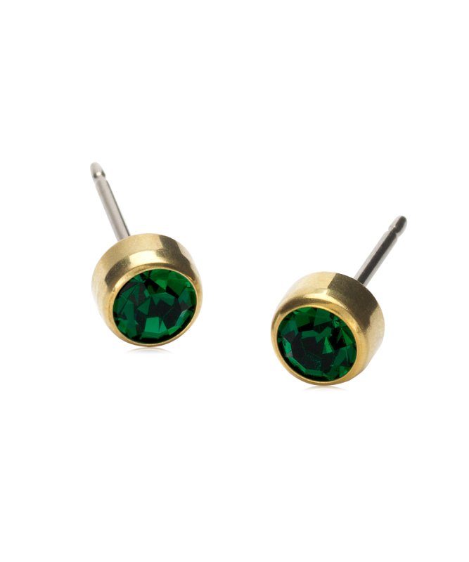 Oorbellen Blomdahl titanium knopje 5 mm. goudkleurig emerald green (incl. achterkantjes) - Staartjes en Strikjes