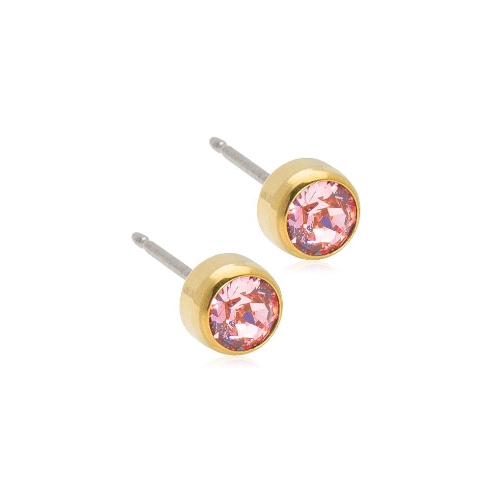Oorbellen Blomdahl titanium knopje Swarovski roze crystal 5 mm. goudkleurig - Staartjes en Strikjes