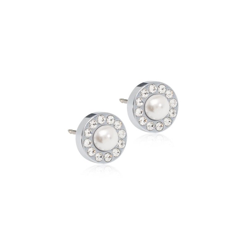 Oorbellen Blomdahl titanium rondje met parel en crystal 8 mm. (incl. achterkantjes) - Staartjes en Strikjes