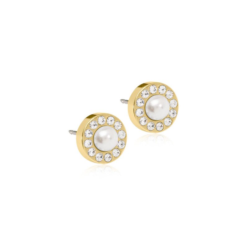 Oorbellen Blomdahl titanium rondje parel goudkleurig 8 mm. (incl. achterkantjes) - Staartjes en Strikjes
