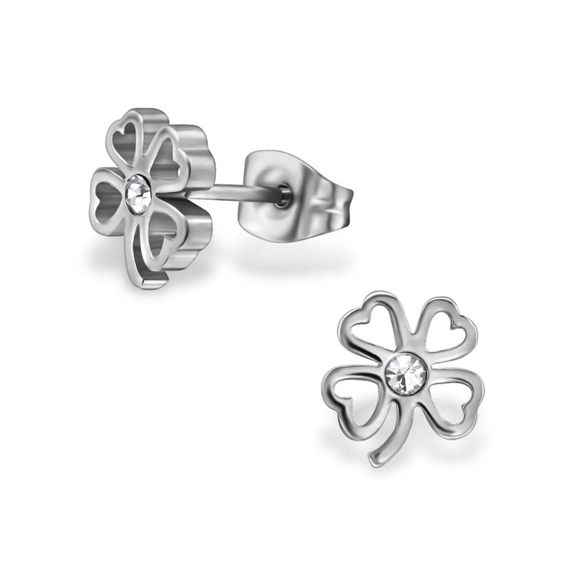 Oorbellen chirurgisch staal klavertje vier met kristalletje - Staartjes en Strikjes