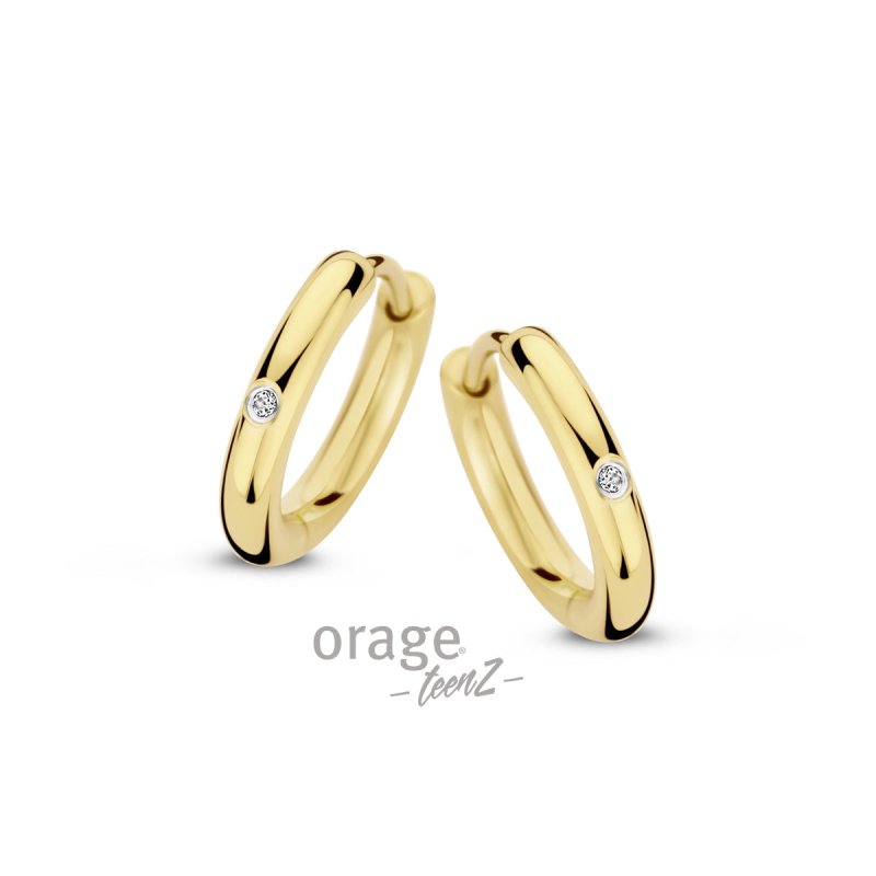 Stalen kinderoorbellen goldplated Orage Teenz oorringen/creolen 10 mm met zirconia - Staartjes en Strikjes