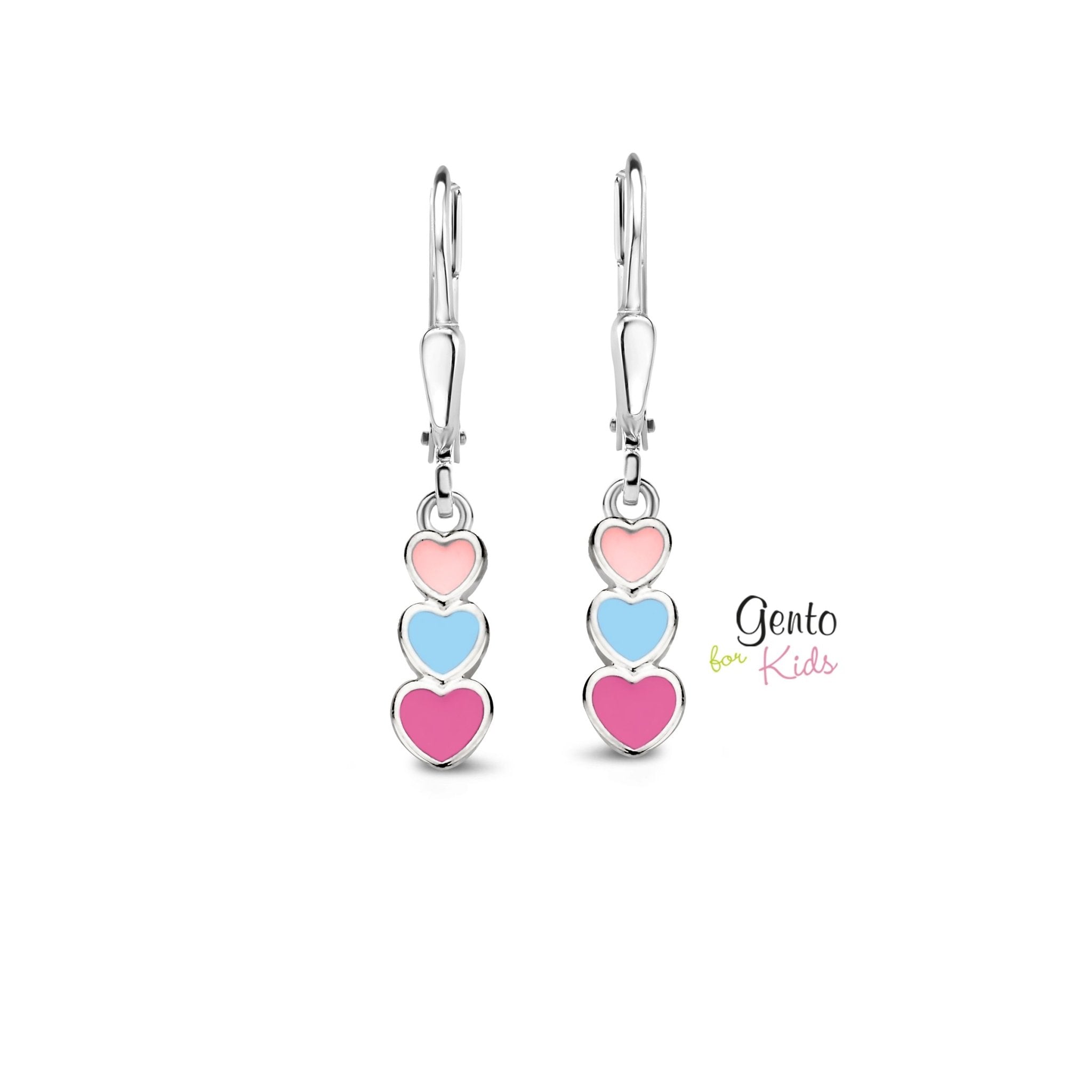 Zilveren kinder oorbellen 3 hartjes Gento for kids brisure sluiting/oorslinger - Staartjes en Strikjes