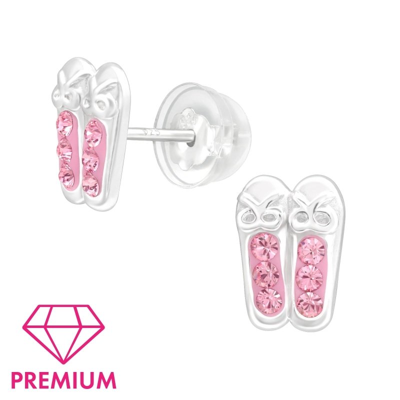 Zilveren kinder oorbellen balletschoentjes roze - Staartjes en Strikjes