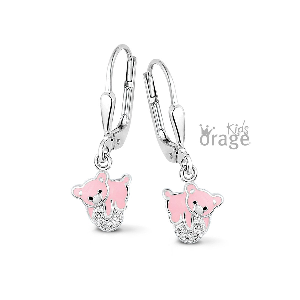 Zilveren kinder oorbellen beer roze Orage Kids brisure sluiting/oorslinger - Staartjes en Strikjes