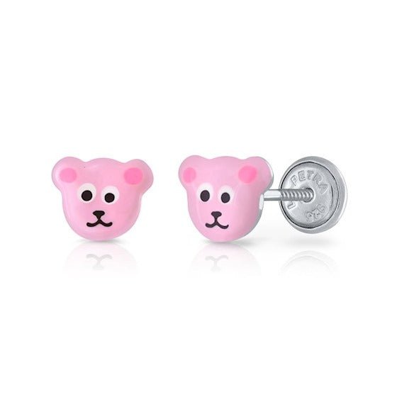 Zilveren kinder oorbellen beer roze |schroefsluiting Lapetra - Staartjes en Strikjes