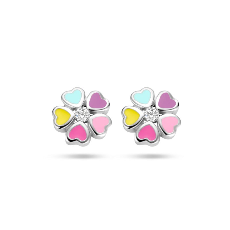 Zilveren kinder oorbellen bloem gekleurd met zirconia - Staartjes en Strikjes