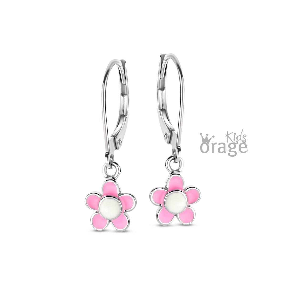 Zilveren kinder oorbellen bloem roze/wit Orage Kids brisure sluiting/oorslinger - Staartjes en Strikjes